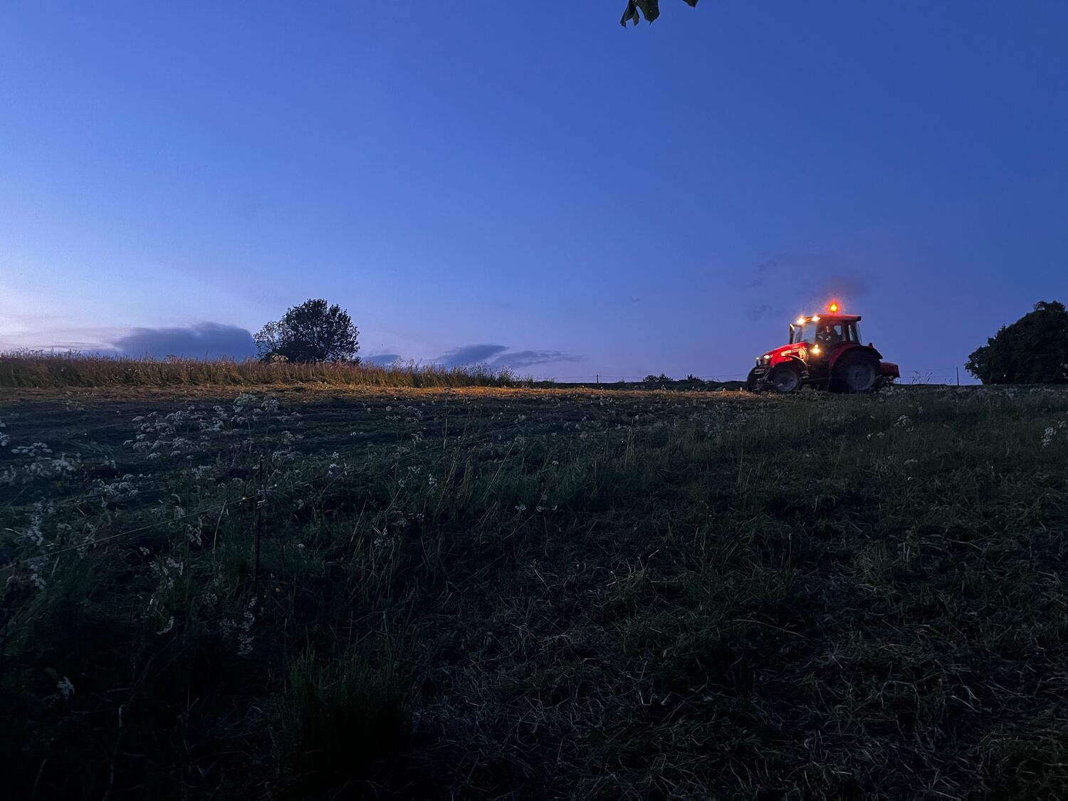 Tracteur dans les champs au crépuscule